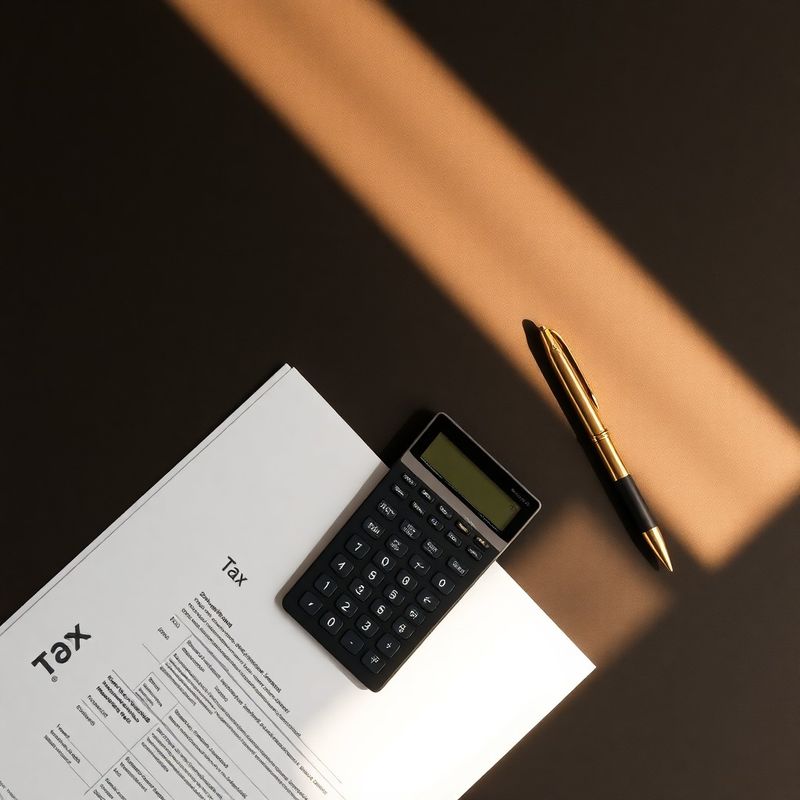 Flat lay editorial cu documente fiscale, calculator și stilou cu vârf auriu pe suprafață cărbune